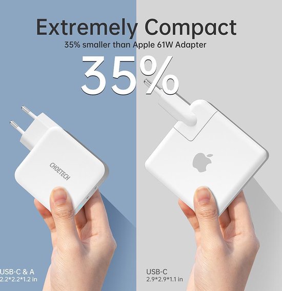 Choetech - Dual GaN-Tech stroomadapter USB-C/USB-A - Power Delivery - 65W
