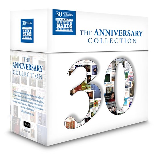De Naxos 30 Years Anniversary Collection boxset met 30 cd's en het cijfer 30 op de voorkant.