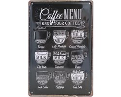 Wandbord – Coffee Menu – Koffie menu - Vintage - Retro -  Wanddecoratie – Reclame bord – Restaurant – Kroeg - Bar – Cafe - Horeca – Metal Sign - 20x30cm