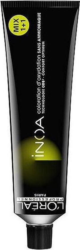 Zwarte tube L'Oréal INOA haarkleuring met groene accenten en "MIX 1+1" aanduiding.