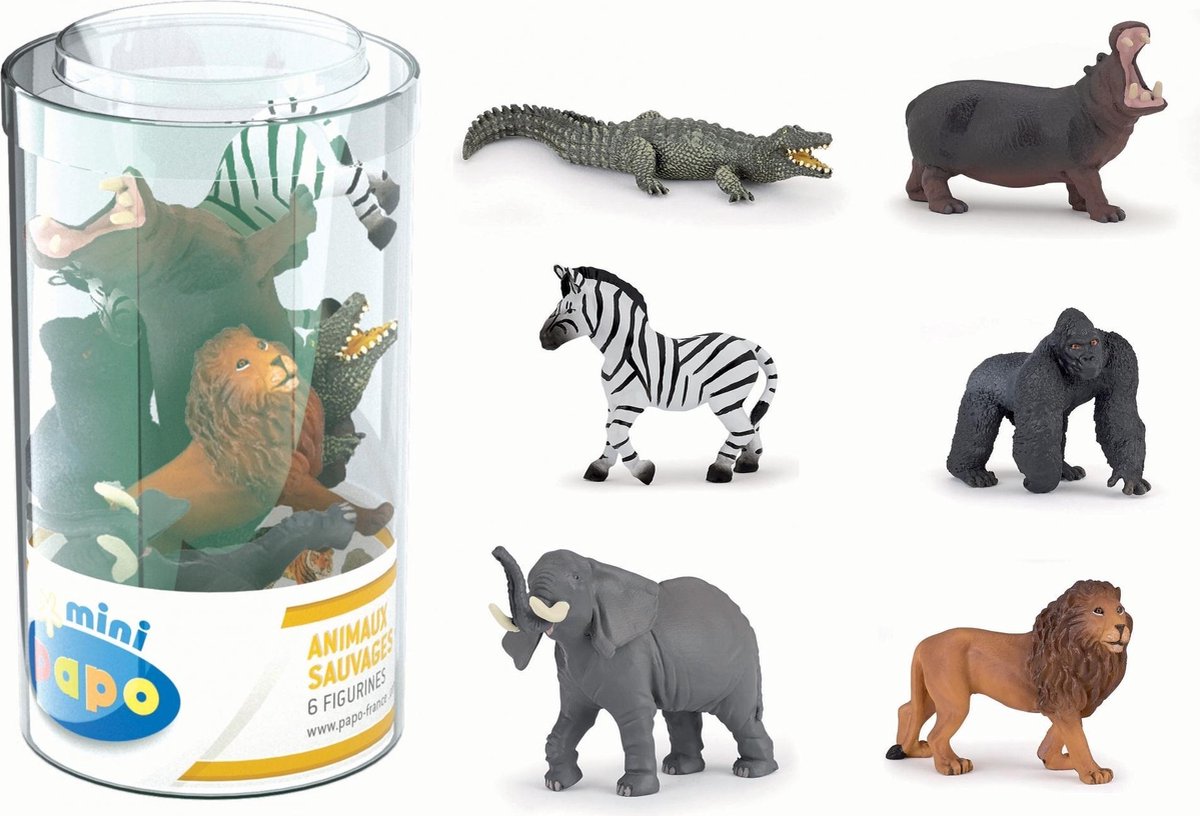 Papo - Wilde Dieren Set – 6 Speelfiguren – Zebra, Krokodil, Olifant, Leeuw, Nijlpaard & Gorilla – Wild Life Mini Plus Set 33020 - 7x4x3 cm - Vanaf 3 Jaar - Handgeschilderd
