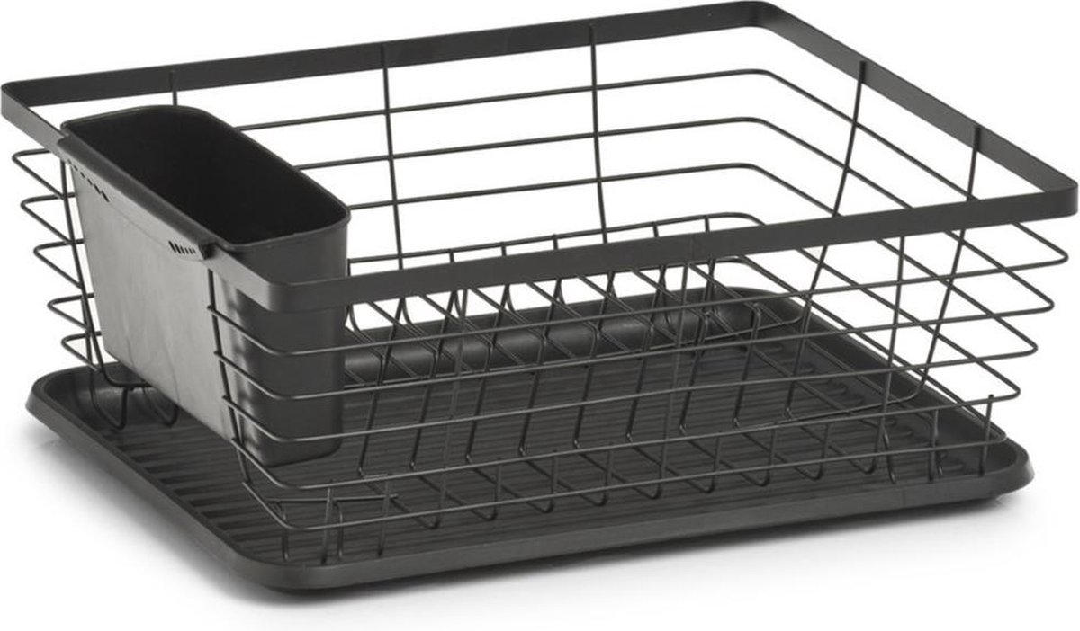 Goedkoopste Luxe zwart afdruiprek met lekbak 37 x 30 cm - Keukenbenodigdheden - Afwassen/drogen - Afdruiprekken met lekbak