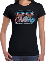 Hawaii feest t-shirt / shirt Chilling in Honolulu Hawaii voor dames - zwart - Hawaii party outfit / kleding/ verkleedkleding/ carnaval shirt M