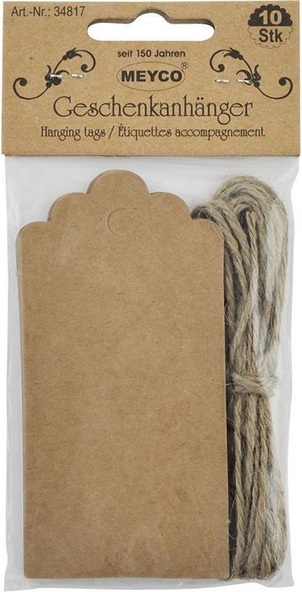 Meyco Hobby - 10 Cadeau Kaartjes met touw - Kraft Rachthoek met Kartelrand