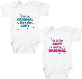 Rompertjes baby met tekst - I'm the Original, she's the Copy (tweeling) - Romper wit - Maat 50/56