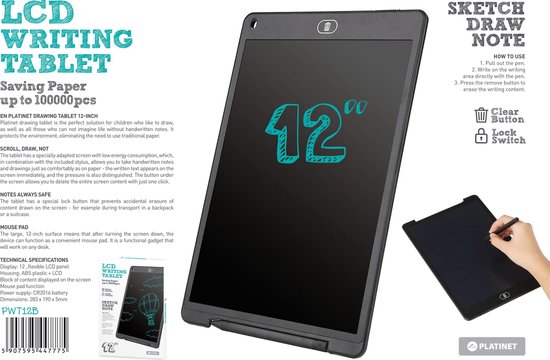 Platinet PWT12B Digitaal tekentablet en notitiebord - LCD writing tablet 12  inch en... | bol.com