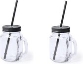 2x stuks Glazen Mason Jar drinkbekers zwarte dop en rietje 500 ml - afsluitbaar/niet lekken/fruit shakes