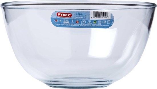 Glazen mengkom 'PYREX Classic' met etiket met diameter 24 cm en inhoud 3L.
