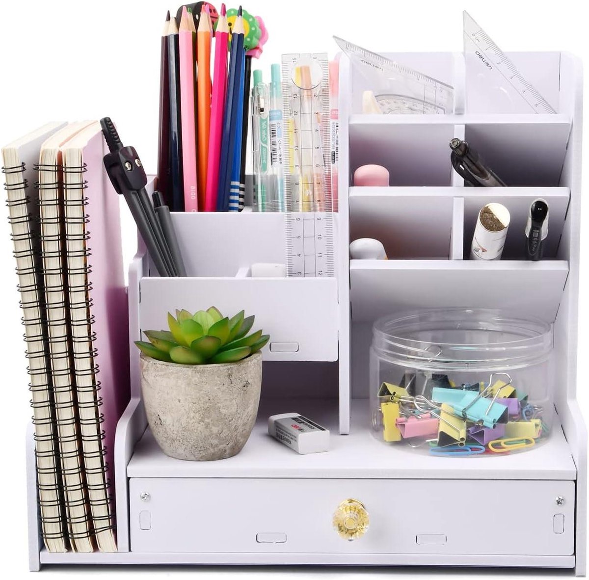 EGoods - Bureau-organizer van wit hout, multifunctioneel met grote capaciteit voor schrijfwaren, bureau, school en kantoor