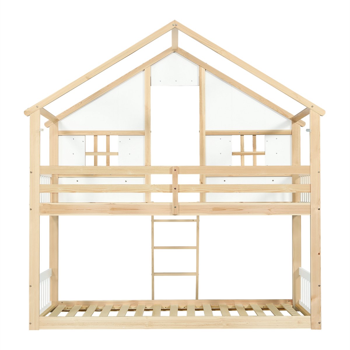 MODFU Kinderstapelbed 90x200 cm – Huisjesmodel met raam en dak – Zijreling – Massief grenen – Wit/naturel
