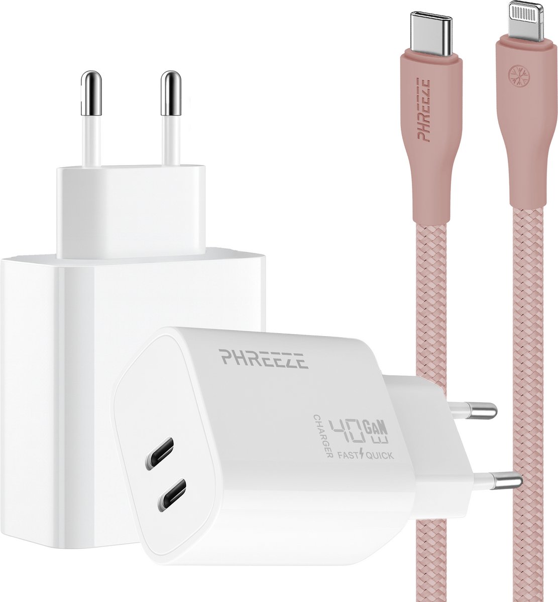 Phreeze usb C oplader geschikt voor iPhone en iPad met Lightning kabel roze - Power Delivery snellader - Met 2 usb C poorten