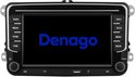 Zwart autoradio-display met het blauwe Denago logo in het midden.