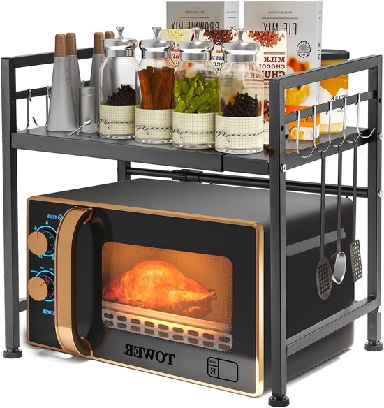 EGoods - Support extensible pour micro-ondes, étagère de rangement pour comptoir de cuisine avec 10 crochets en acier inoxydable, réglable en hauteur et en longueur.