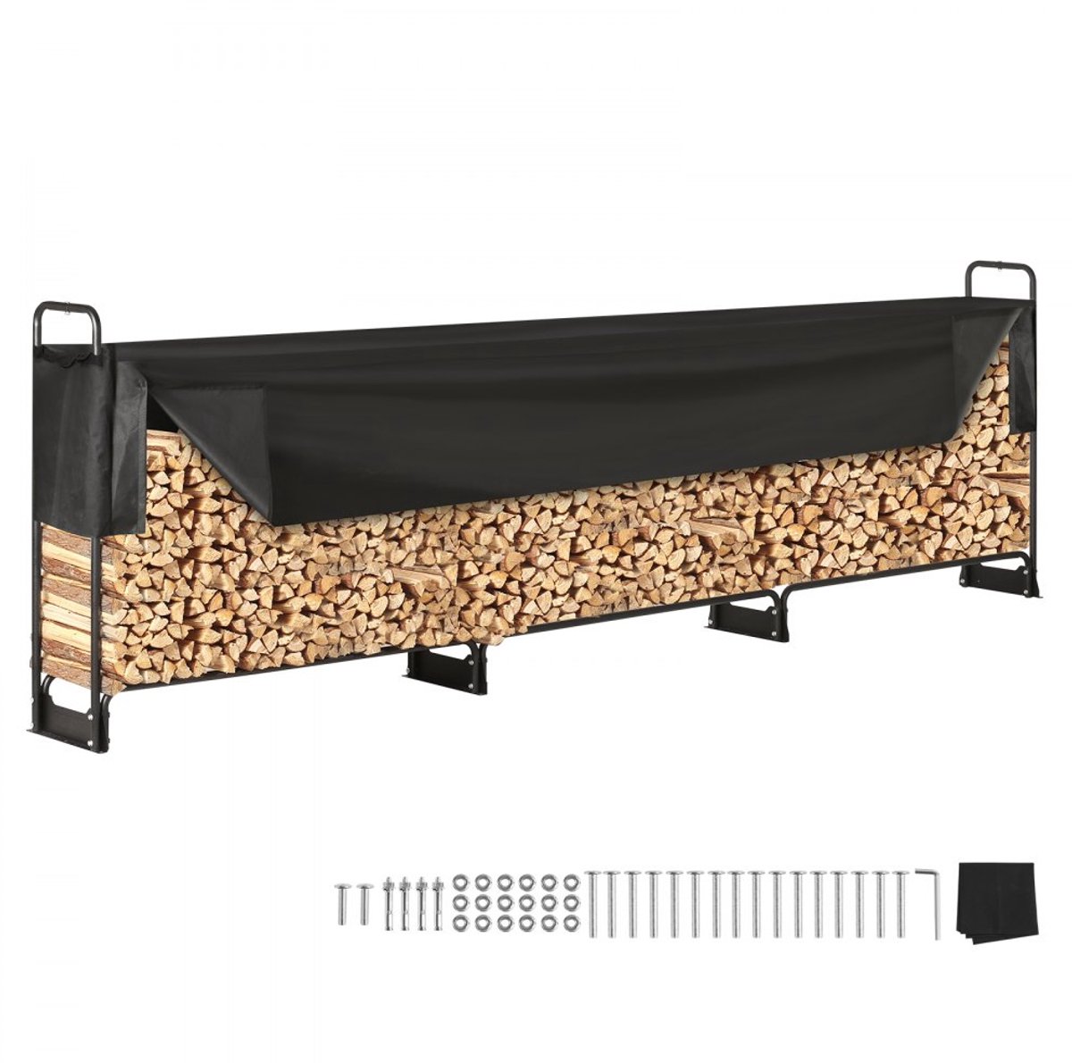 Haardhoutrek - Stalen Houtopslag - 386 x 36 x 117 cm - Draagvermogen 400 kg - Poedergecoat - Met Waterdichte Hoes - Voor Tuin/Veranda/Patio