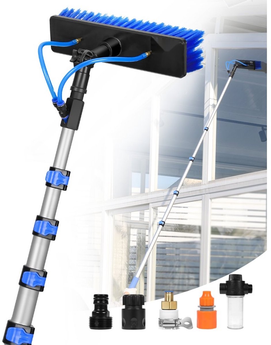 Telescopische wasborstel - Reinigingsset - Telescoopsteel 7,3 m - Draaibare Borstelkop 180° - Slang 20 m - Voor Zonnepanelen, Daken en Caravans
