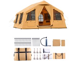 Opblaasbare kampeertent - Familietent/Glampingtent 8-12 personen - Afmeting 4,8 x 3,6 x 2,2 m - Inclusief handpomp - Luifel - Kachelaansluiting - Twee Deuren - Gaasramen