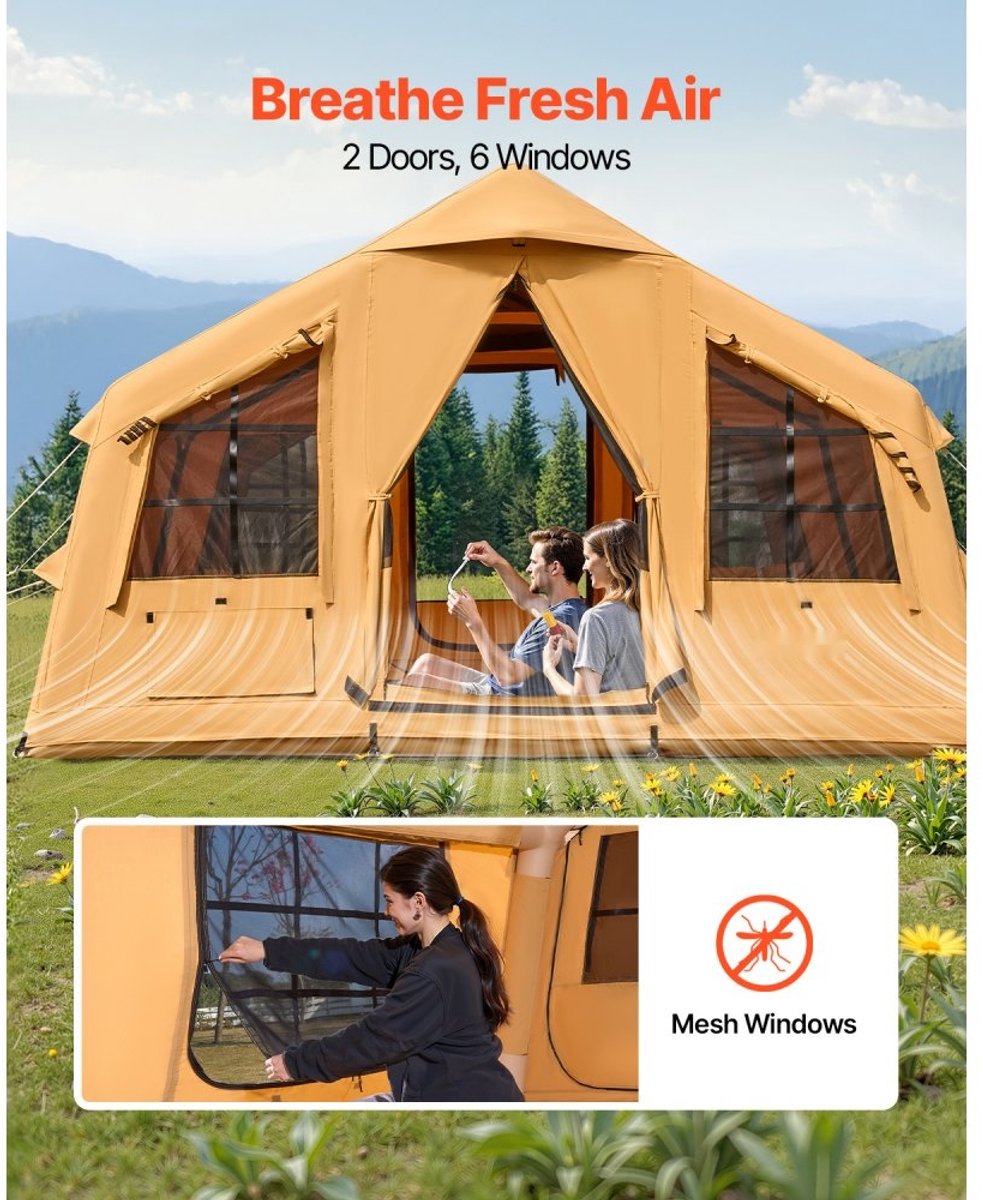 Opblaasbare kampeertent - Familietent/Glampingtent 8-12 personen - Afmeting 4,8 x 3,6 x 2,2 m - Inclusief handpomp - Luifel - Kachelaansluiting - Twee Deuren - Gaasramen – foto 5