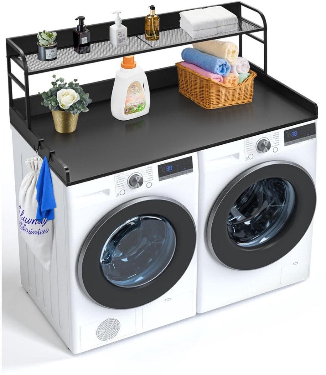 Wasmachine en Droger Werkblad - Overbouwrek met 2-Laags Plank - 137 x 70 x 41,9 cm - Antislip Pads - Waterbestendig - Zwart