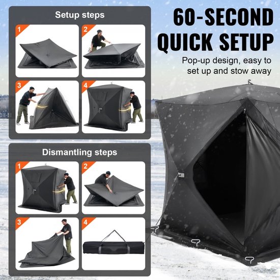 IJsvistent - Pop-up IJstent voor 3-4 Personen - Thermisch Geïsoleerd - Water- en Winddicht - Afmeting 230 x 230 x 200 cm - Met Ankers en Touwen - Inclusief Draagtas - Zwart — afbeelding 3
