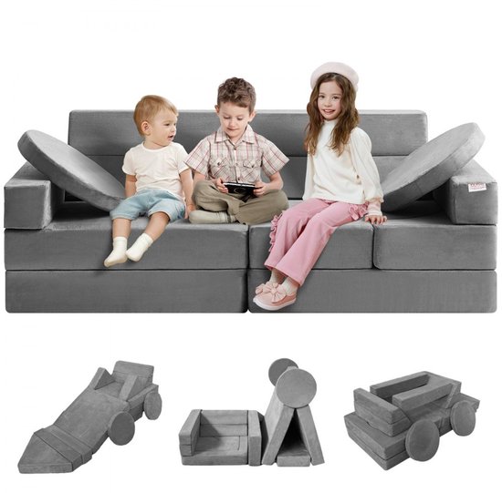 MeMoreCool Kinderbank, speelbank, uitklapbare klapbank, stoel, kinderbank, fancy speelbank, een spannende indoor speelplaats voor de kinderkamer, ideaal voor kinderen, grijze dinosaurussen