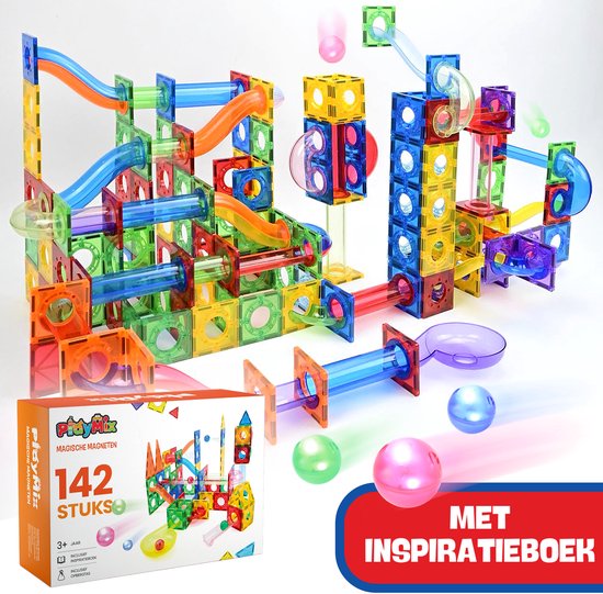 PlayMix Magnetic Tiles Knikkerbaan - 142 Stuks - Magnetisch Speelgoed - Bouwspeelgoed - Bouwblokken - Magna - Magneten Speelgoed - Magnetische Tegels - Bouwstenen - Montessori Speelgoed - Educatief Speelgoed - Sinterklaas Cadeautjes - Jongens&Meisjes