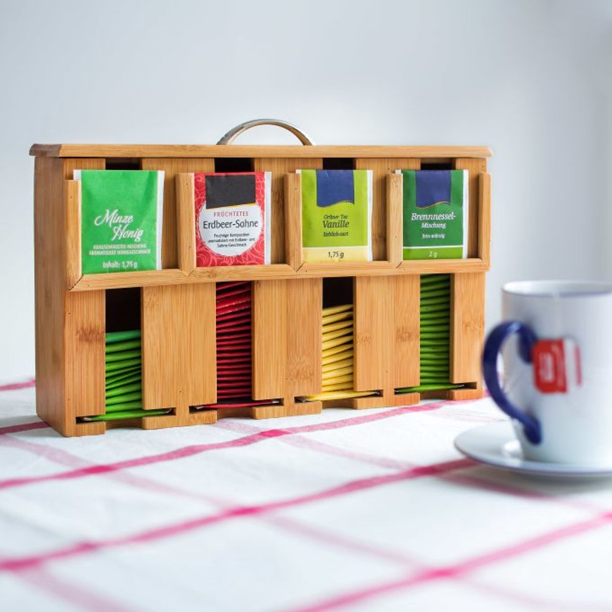Doodadeals® Theedoos 4 Vakken – Bamboe Thee Organizer met Deksel en Handvat – Stijlvolle Theedoos Hout – 22x33,5x10 cm — cadeau in Wonen & Interieur - foto 5