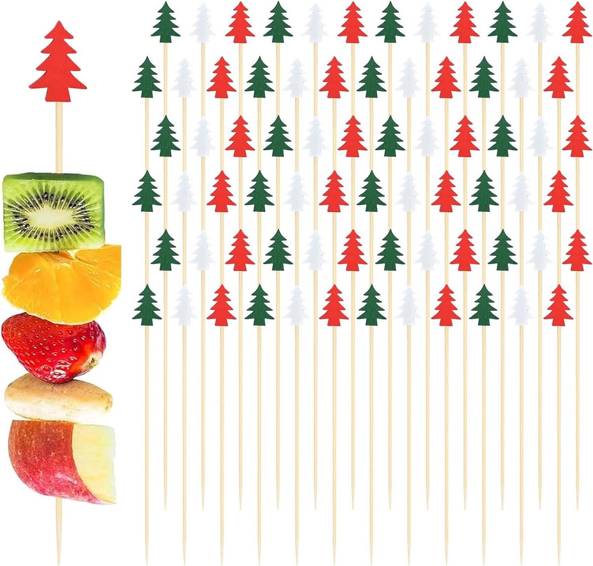 EGoods - 100 stuks Kerst bamboe cocktail sticks voor dranken canapes voorgerechten - kerstboom fruit sticks fancy food picks houten tandenstokers bamboe spiesjes voor Xmas.