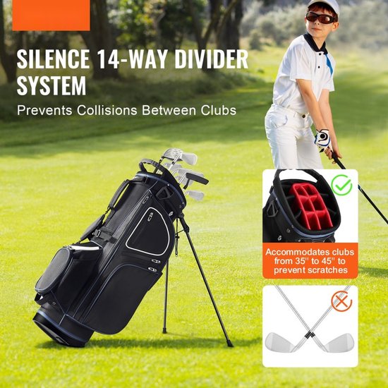 Golf Cartbag - Golftas - 14-Vaks Topverdeler - 11 Zakken - Met Standaard - Stofkap - Afneembare Dubbele Draagriem - Hoogte 89 cm - Zwart/Wit — afbeelding 4