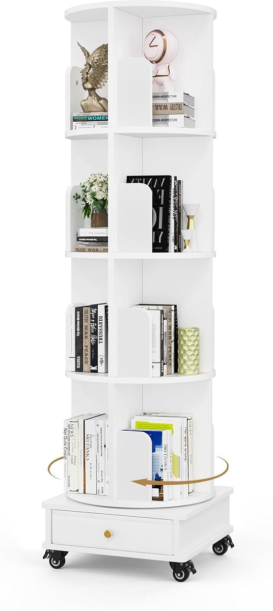 Boekenkast - Draaibare boekenkast - Verplaatsbare boekenkast - Boekenkast met lades - Houten hoekboekenkast - Geschikt voor studeerkamer en slaapkamer - Witte boekenkast - Vier planken - Afmetingen: 40x40x145 cm