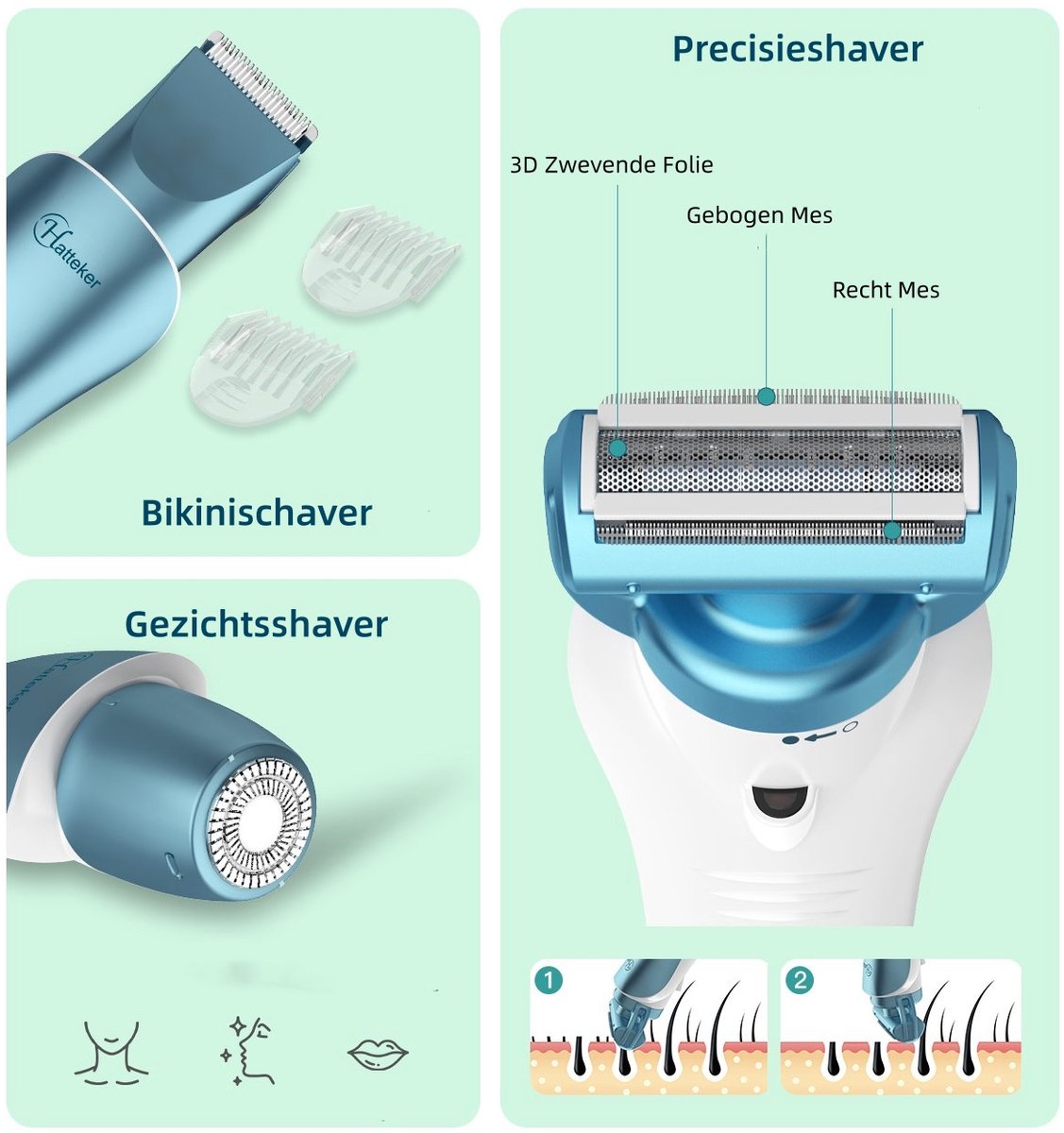 Hatteker 3-in-1 Ladyshave voor Vrouwen – Dames Scheerapparaat – Epileerapparaat – Trimmer voor Benen, Bikinilijn en Oksels – Epilator – Waterdicht IPX7 – Blau thumbnail 4