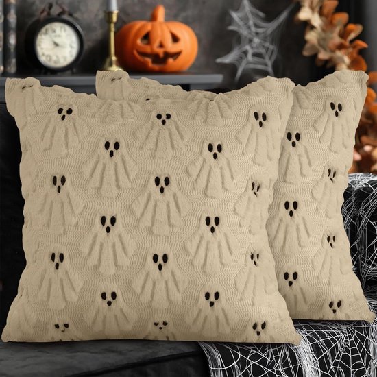EGoods - Taies d'oreiller décoratives Halloween, ensemble de 2, mignonnes taies d'oreiller fantômes, fourrure synthétique peluche douce, housse de coussin décorative pour maison, chambre à coucher et canapé - 50x50 cm (beige)
