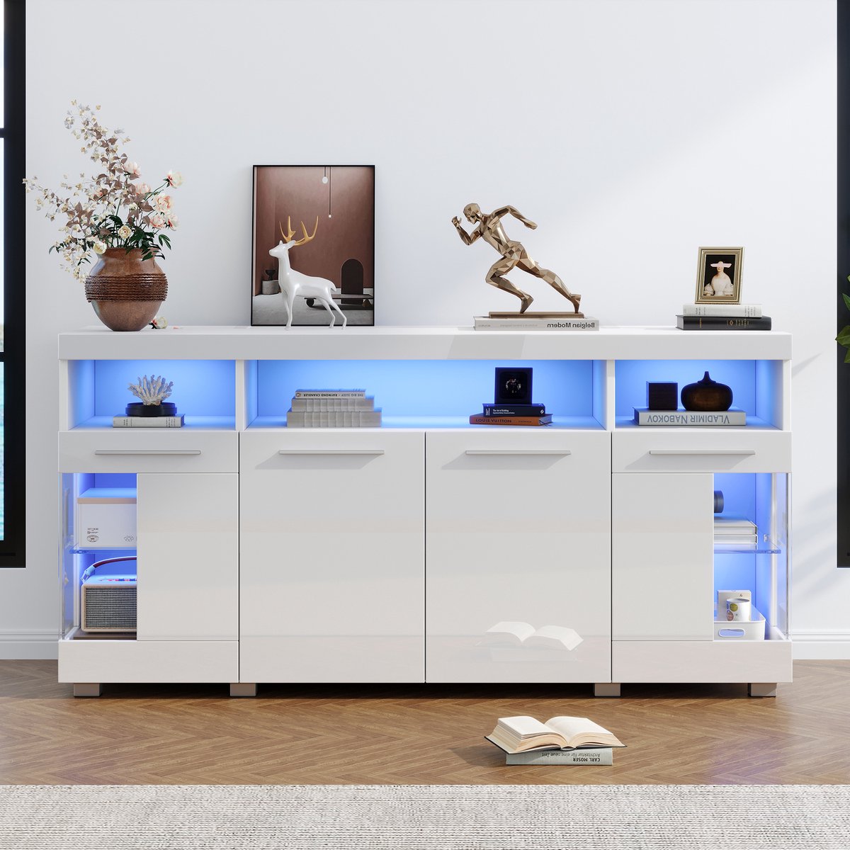 MODFU Opbergkast 140x40x70 cm van MDF, hoogglans wit met laden en glazen deuren, met LED, modern ontwerp
