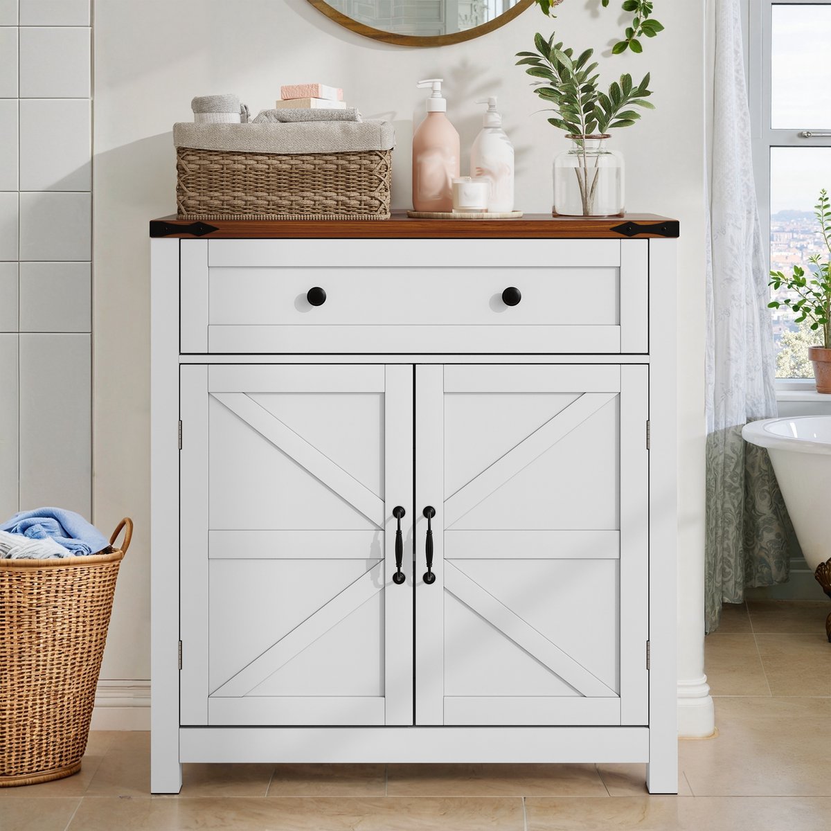 MODFU Opbergkast 76 x 30 x 83 cm van MDF, met laden en deuren, wit landhuisontwerp