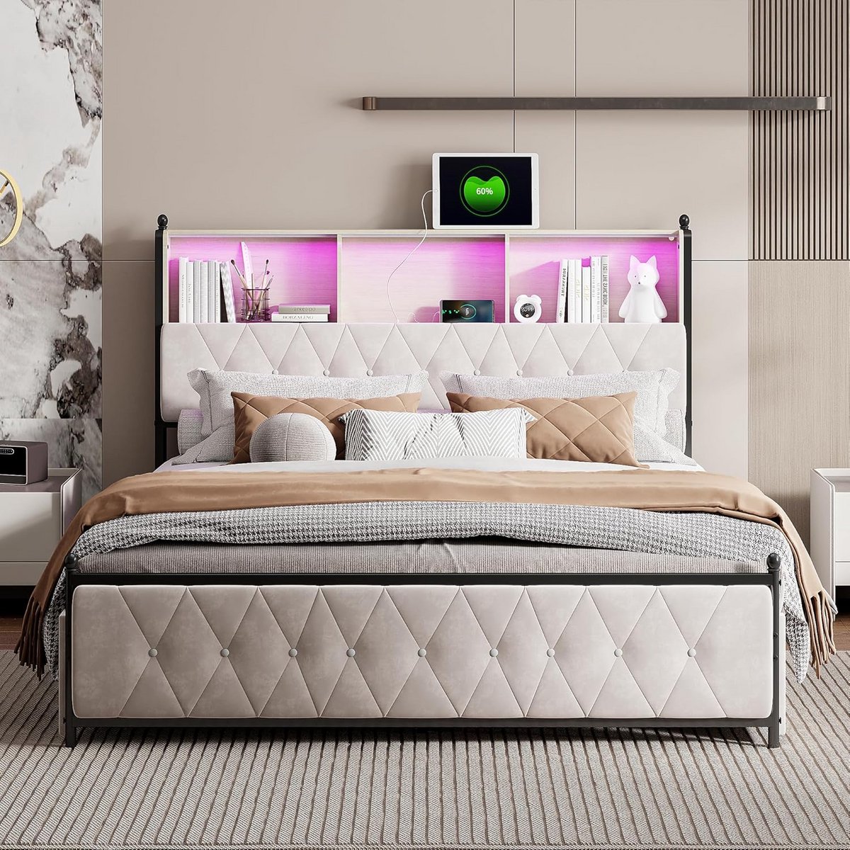 Gestoffeerd tweepersoonsbed fluweel 140x200 met 4 lades en USB/Type C opladen
