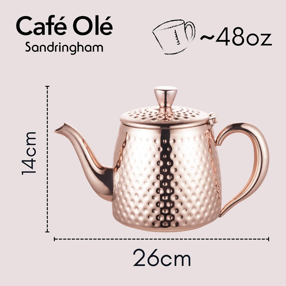 Elegante theepot van 500ml in Koper Geplateerd RVS met Gehamerde Afwerking