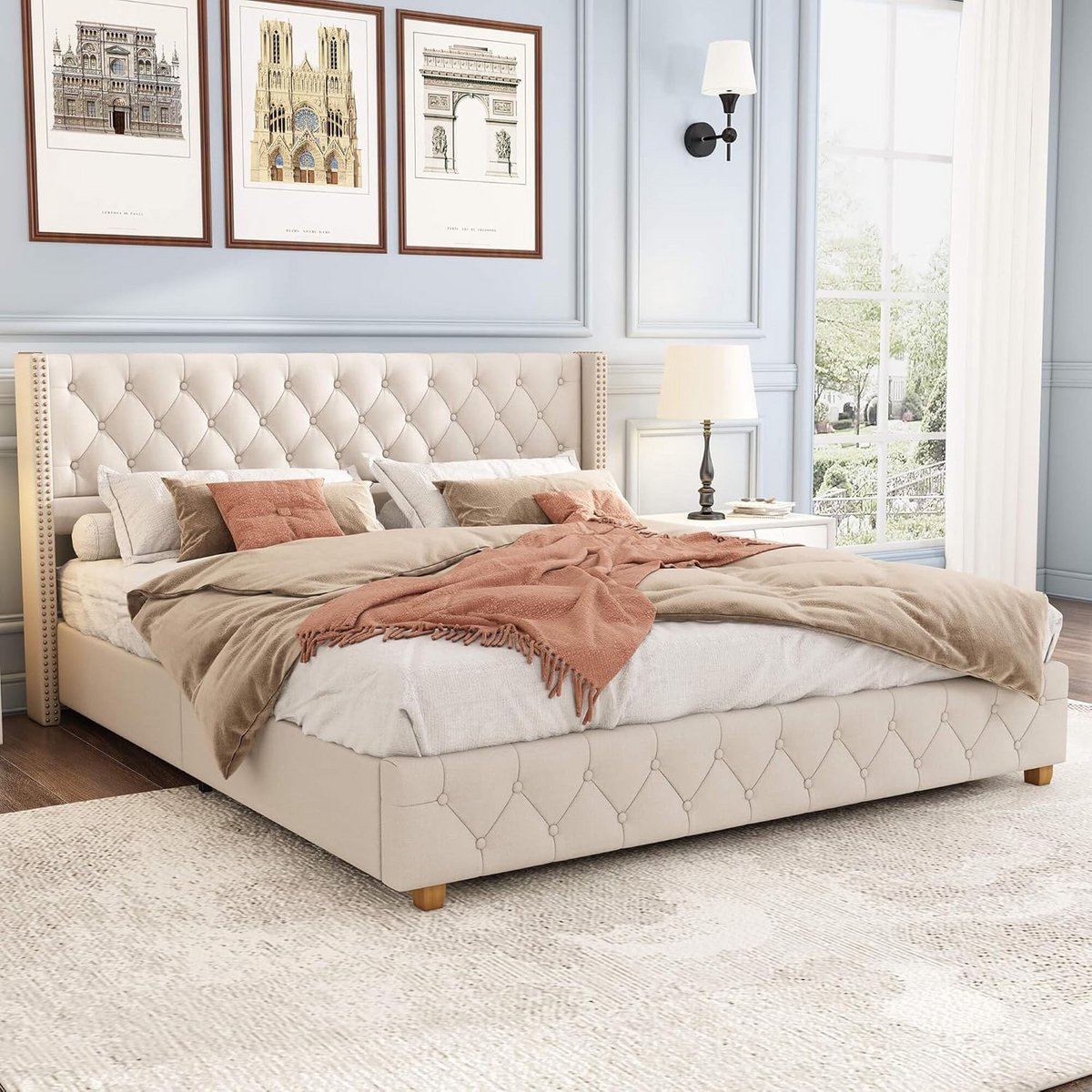 Tweepersoonsbed 180x200 cm Beige Gestoffeerd met Gevoerd Hoofdeinde en Lattenbodem