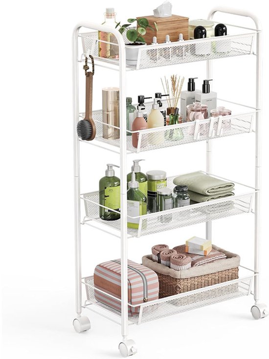 Keuken Organizer 4-laags opvouwbare opbergplank, verplaatsbare metalen rekwagen, thuisdisplayplank met rollende wielen voor keuken, woonkamer, badkamer, slaapkamer (Kleur: A, Maat: 70 * 36 * 125 cm