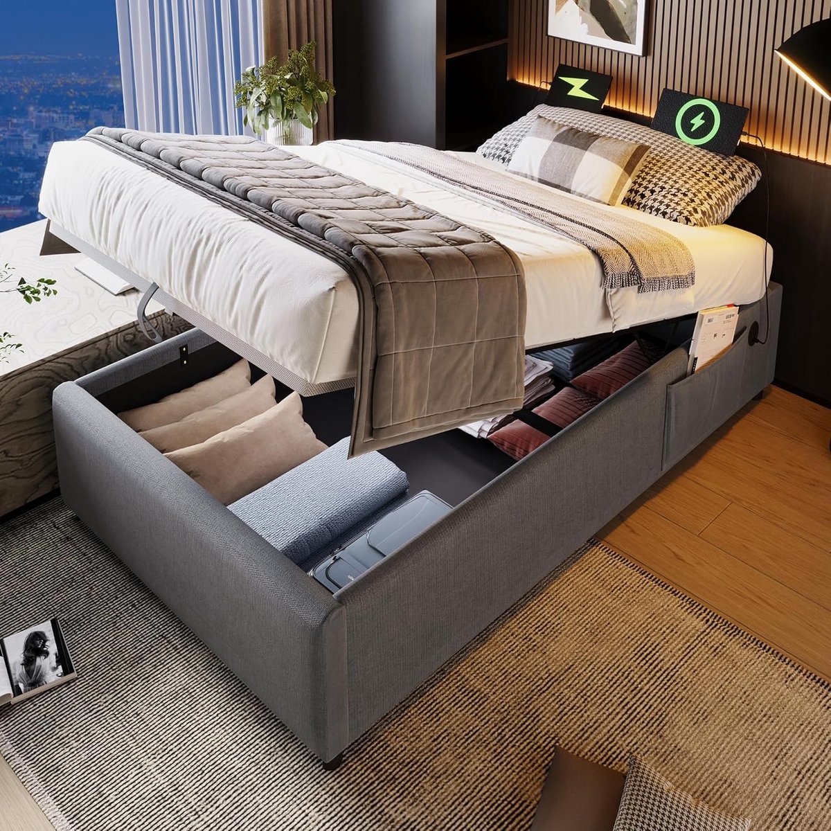 Eenpersoonsbed 90x200 Grijs Gestoffeerd met USB & Opbergruimte - Inclusief Lattenbodem