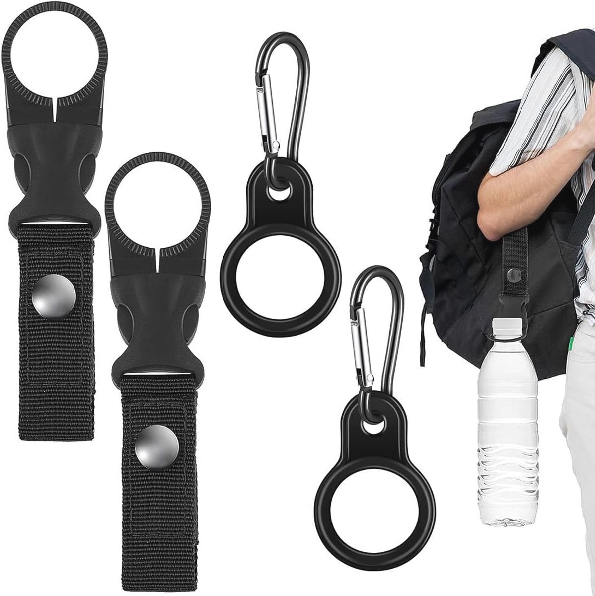 Flessenhouder Clip - Waterfles Gesp - Outdoor Activiteiten - Dubbele Versterking - 4 Stuks - Zwart