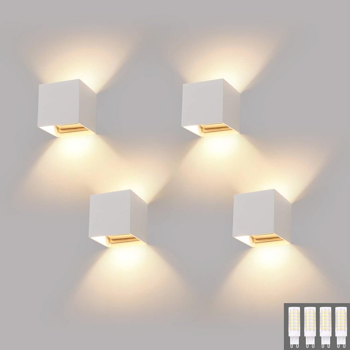 Wandlampen Set van 4 voor Binnen en Buiten, Modern Up Down Design, Waterdicht IP54, 9W Vervangbare G9 Lamp, Warmwit 3000K