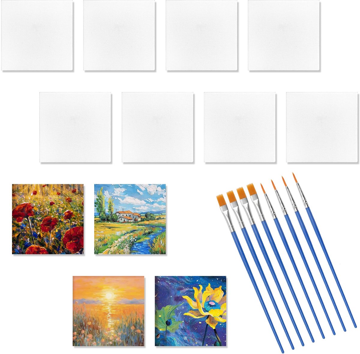 IMPERATORIS® Canvas - Schilderpanelen - Schildercanvas - Schilder doek - Geschikt voor Acryl, Olie- en Wquarelverf - Perfect voor Kleine tot Middelgrote Schilderijen - Hoogwaardige Kwaliteit Canvas - 12-delige mini canvasset met 8 penselen