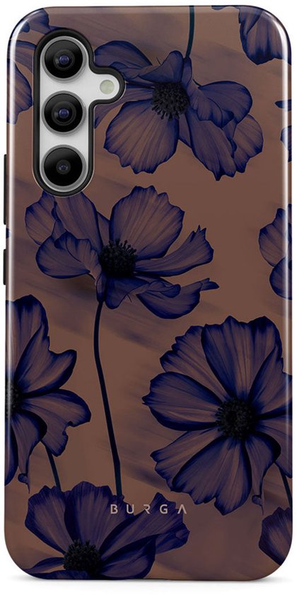 Telefoonhoesje met donkerblauwe bloemenprint op een bruine achtergrond. Het Burga-logo is zichtbaar.