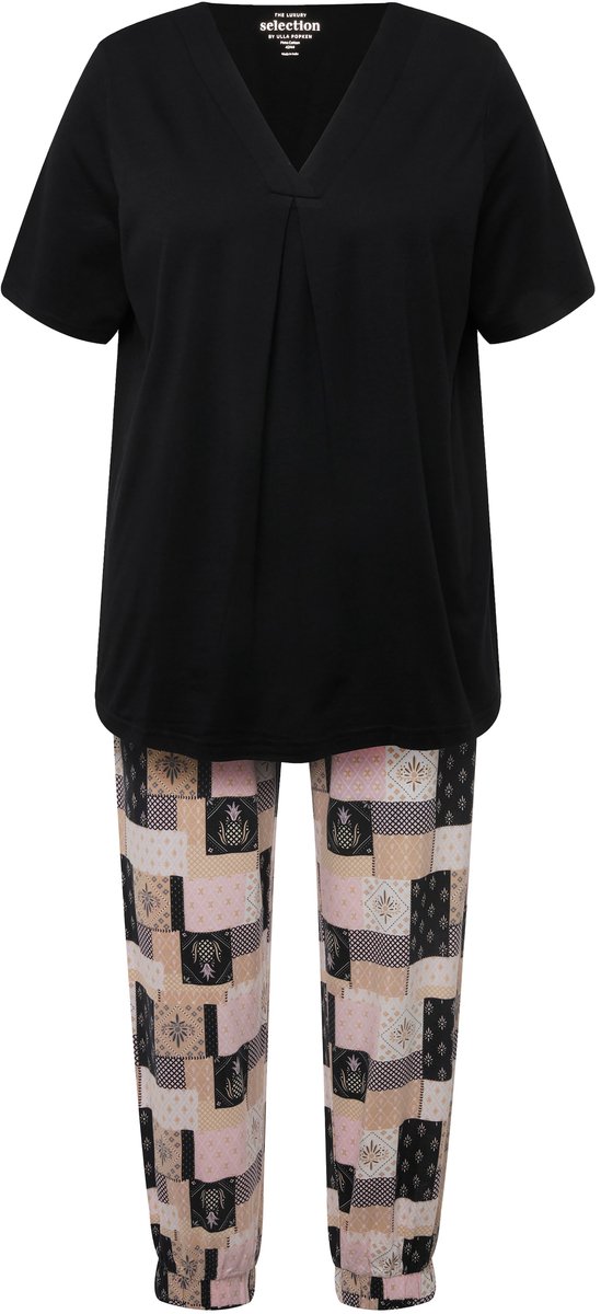 Ulla Popken - Dames - Pyjama V-hals korte mouwen modalmix - Zwart - Maat 42+