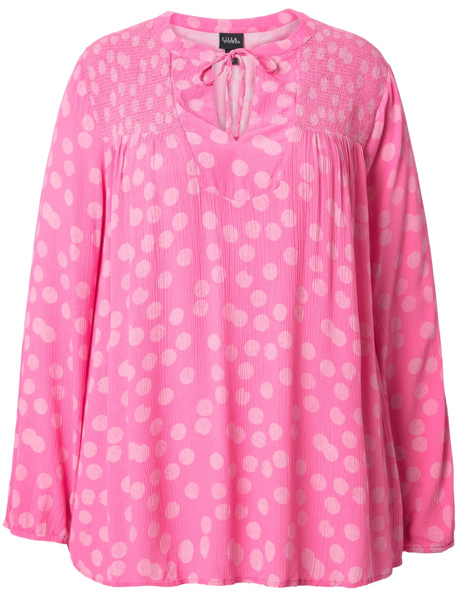 Ulla Popken - Dames - Gesmokte blouse stippen A-lijn tuniekhals lange mouwen - Roze - Maat 58+