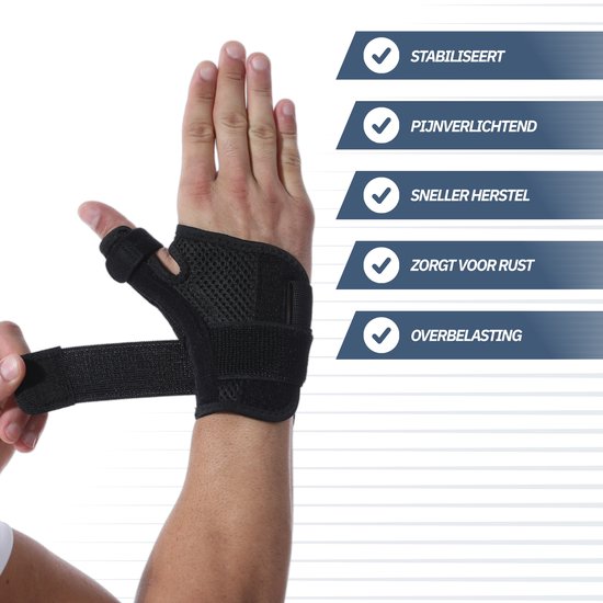Zwarte duimbrace wordt om een hand gedaan met klittenband. Kenmerken: stabiliseert, pijnverlichtend, sneller herstel, rust, overbelasting.