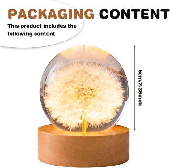 Kristallen Bol Nachtlampje met Paardenbloemen – LED Glazen Bal met Houten Sokkel voor Huisdecoratie — afbeelding 5