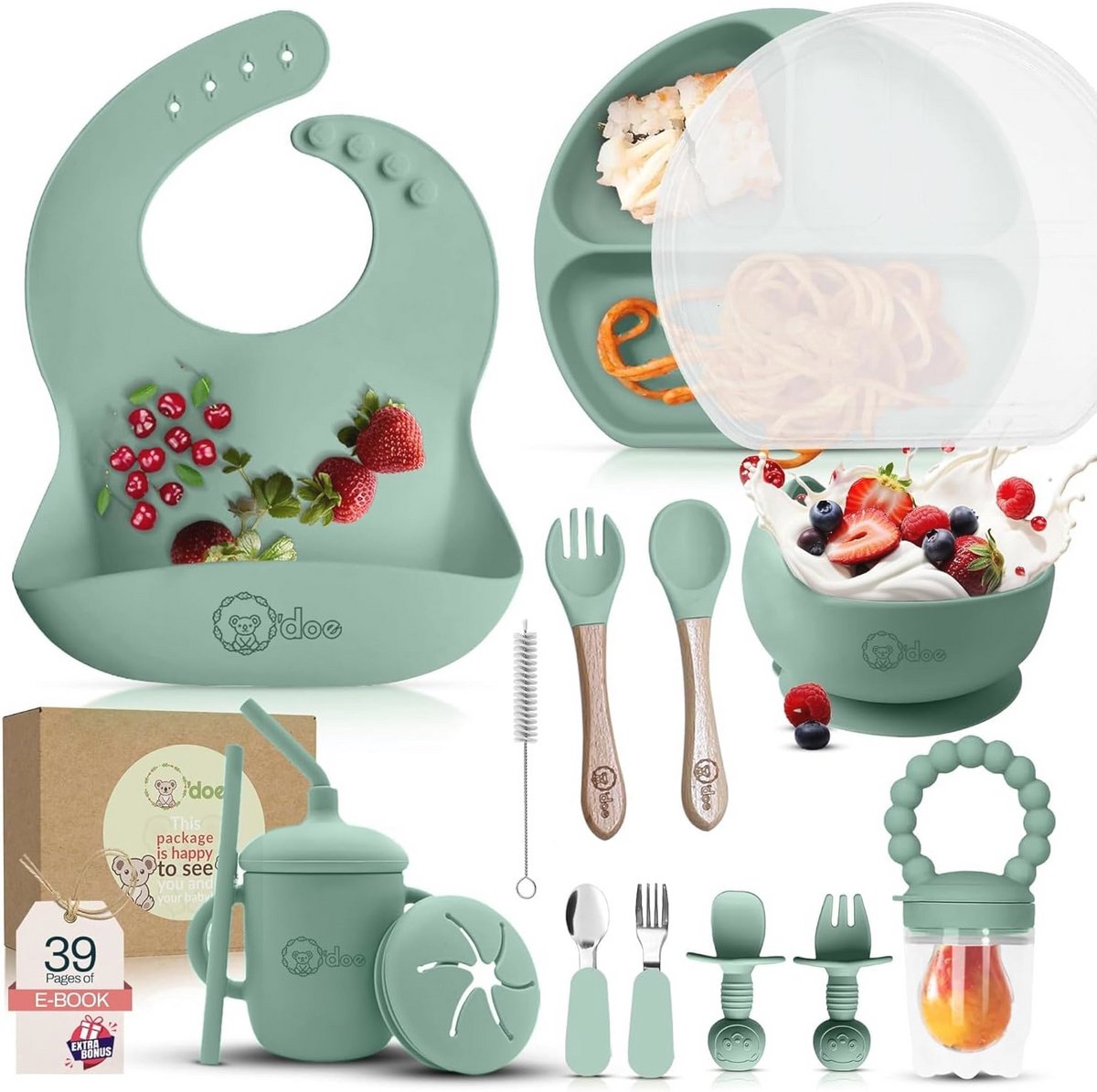 Complete 17-delige Babyservies voor Baby's – Lunchset met Zuignap, Lepels, Kopjes, Slabbetjes en Borden