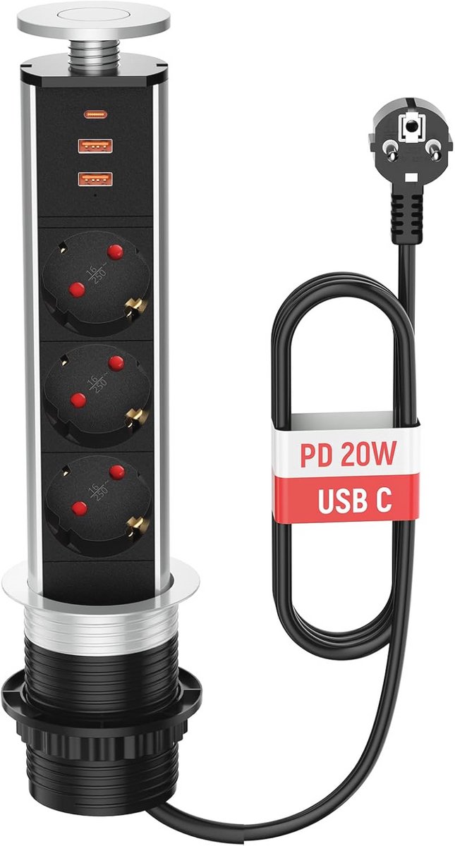 Inklapbaar Tafelstopcontact met USB C en 3 Stopcontacten