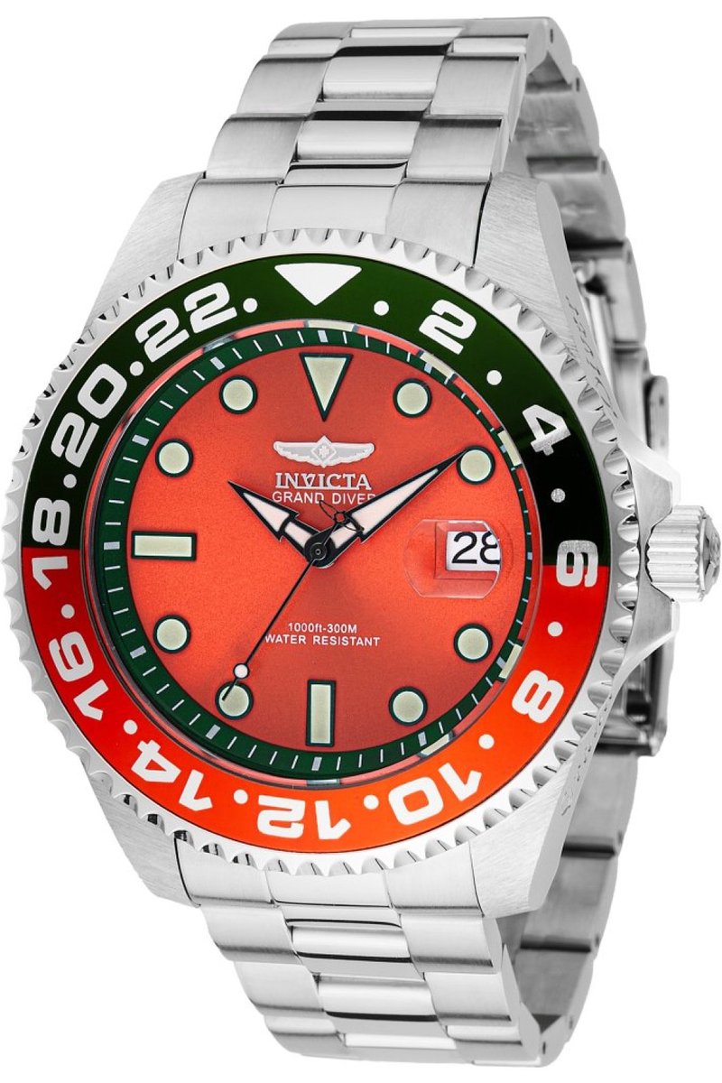Invicta Grand Diver - Miami Edition 49118 Heren Horloge - Waterdicht - Analoog - Automatisch Uurwerk - Roestvrij Staal met oranje Wijzerplaat - 47mm