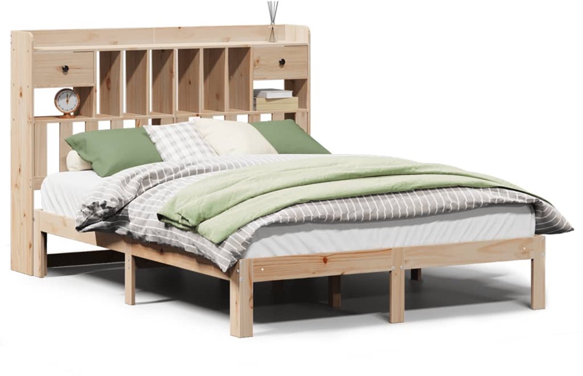 Tweepersoonsbed | Dubbelbed | Volwassenenbed | Bed met boekenkast zonder matras massief grenenhout 140x190 cm